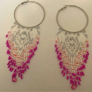Handmade beaded fringe hoop earrings pink lite gray white - good conditi…